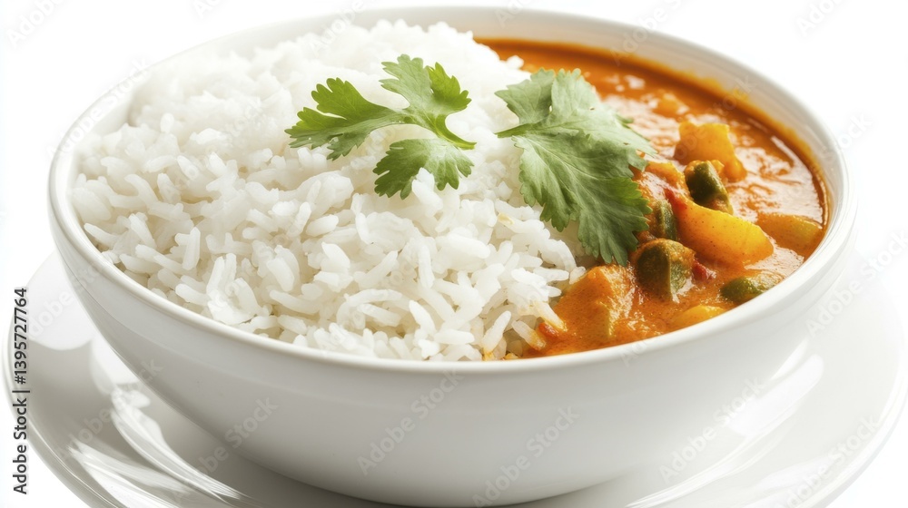 Bowl of Rice and Vegetable Curry Garnished with Cilantro - Close-Up Food Still Bowl of Rice and Vegetable Curry Garnished with Cilantro - Close-Up Food Still