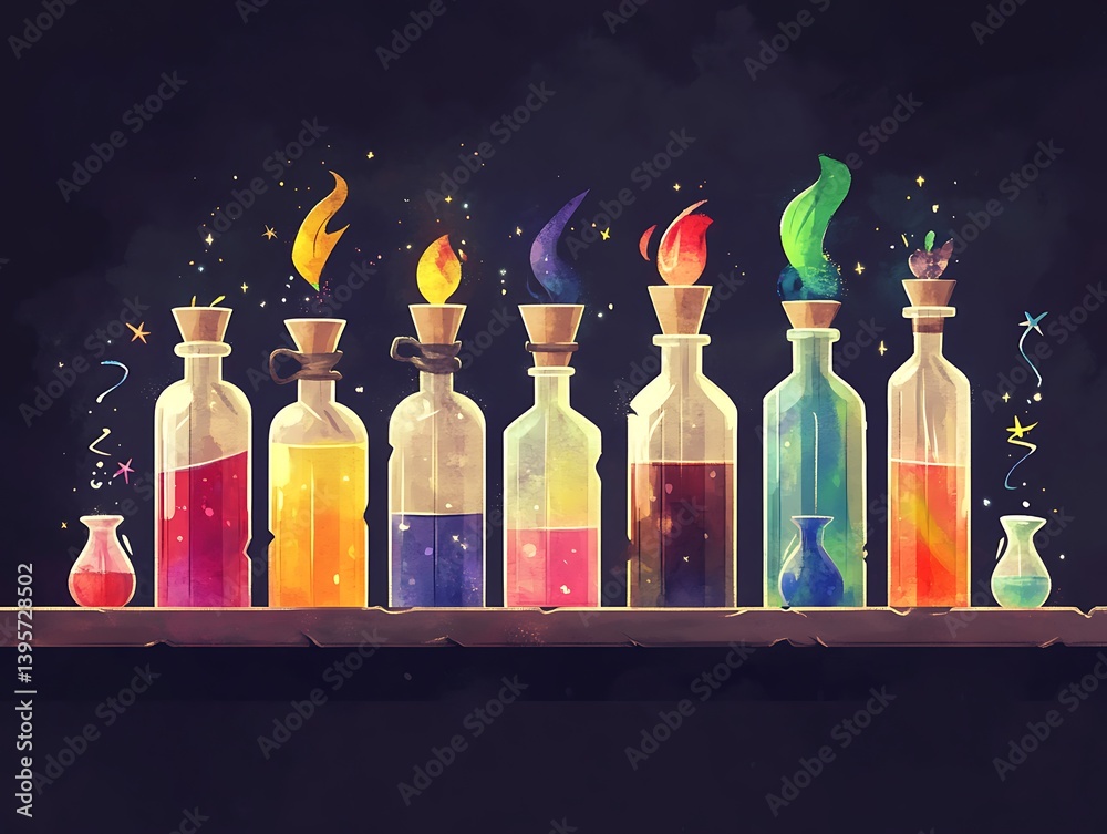 Colorful magical elixirs in glass bottles on a rustic shelf.