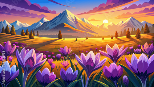 Stunning alpine meadow filled with vibrant purple narcissus flowers in spring illuminated by warm morning light showcasing wild crocus blooms at sunrise in a picturesque