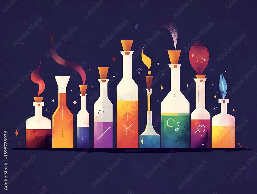A collection of colorful, magical elixirs in various bottles.