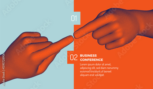 Business Event Invitation Template. Hands reaching towards each other with index fingers. Concept of relationship, unity, partnership or contact. Vector for online course, conference, webinar, webinar