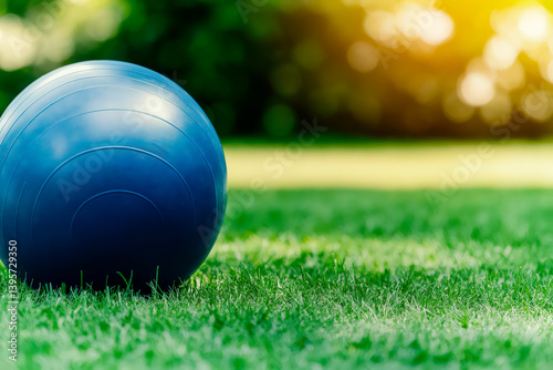 A blue exercise ball resting on lush green grass with soft sunlight and a blurred natural background photo