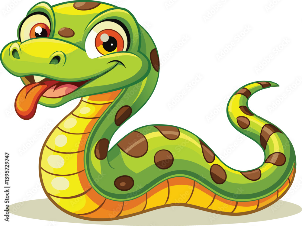 Fototapeta premium Cheerful Cartoon Snake with Green Body, Yellow Spots, and Friendly Expression