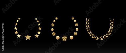 Gold or yellow award podium with light laurel wreath on a black background. Set of various golden and luxurious laurel wreaths. 3D realistic vector illustration. Eps 10