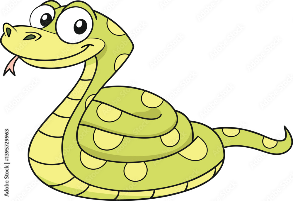 Fototapeta premium Cheerful Cartoon Snake with Green Body, Yellow Spots, and Friendly Expression