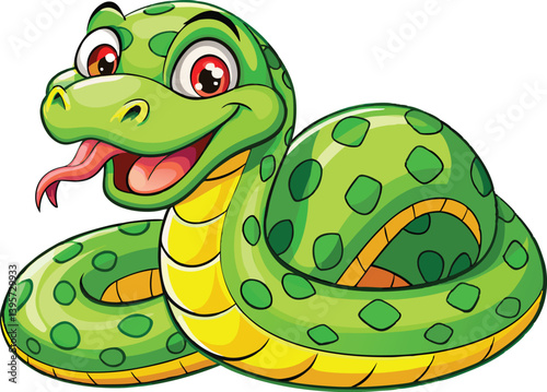 Cheerful Cartoon Snake with Green Body, Yellow Spots, and Friendly Expression