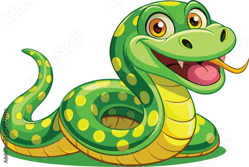 Cheerful Cartoon Snake with Green Body, Yellow Spots, and Friendly Expression