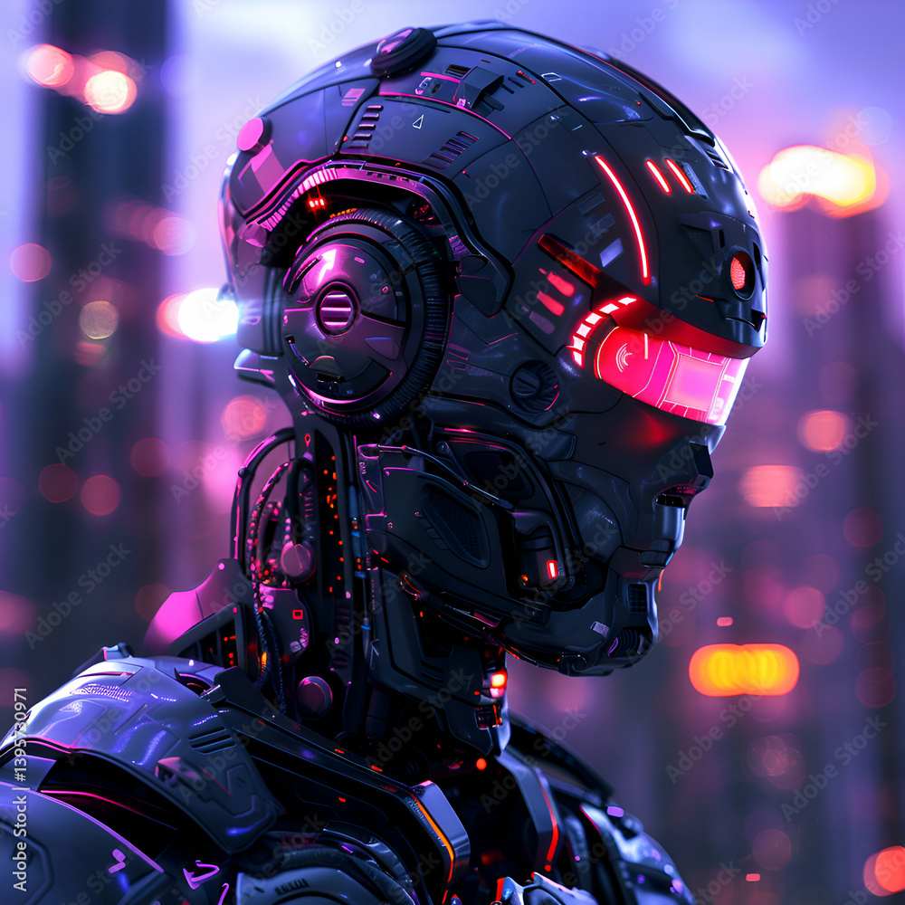 Cyberpunk Robot in Neon City. Futuristic Android AI Cyberpunk Robot in Neon City. Futuristic Android AI