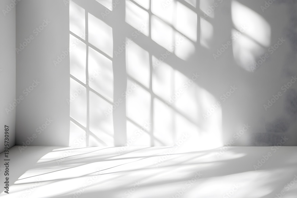 Obraz premium Soft sunlight casting intricate shadows of a window frame on a clean white wall, creating a calm and minimalist ambiance