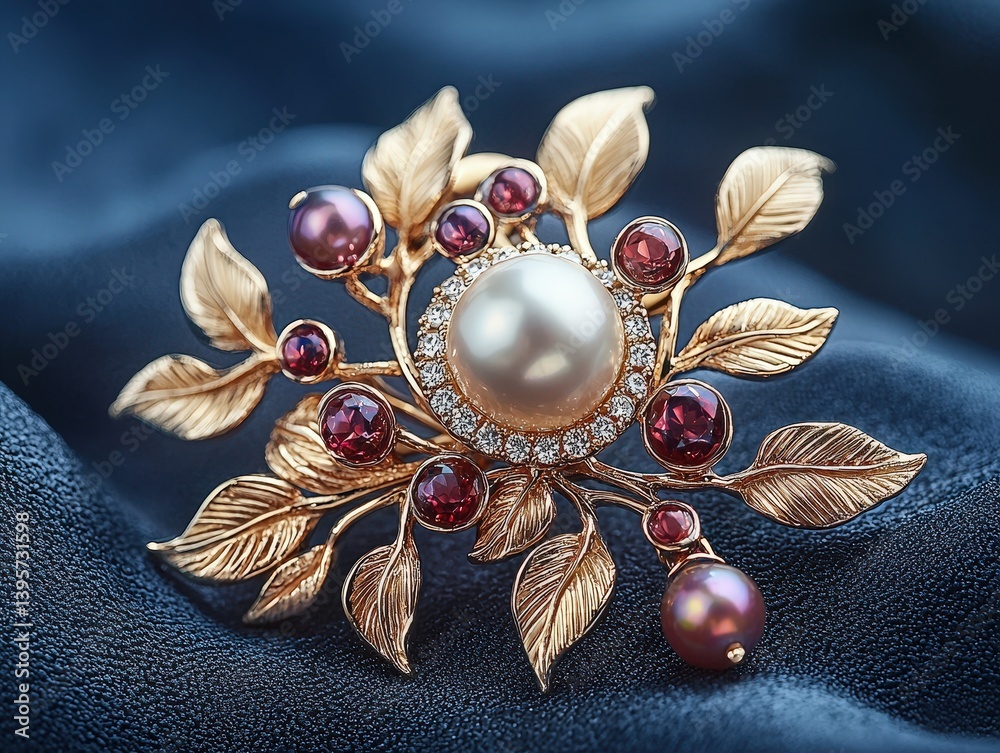 Naklejka premium Jewelry with gemstones modern brooch with Natural Pearl on a dark blue background