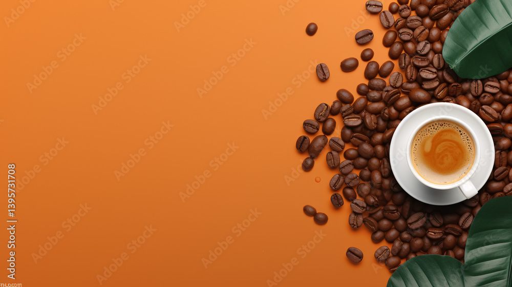 Obraz premium A modern coffee advertising banner featuring a flat lay of coffee beans, with space for text.