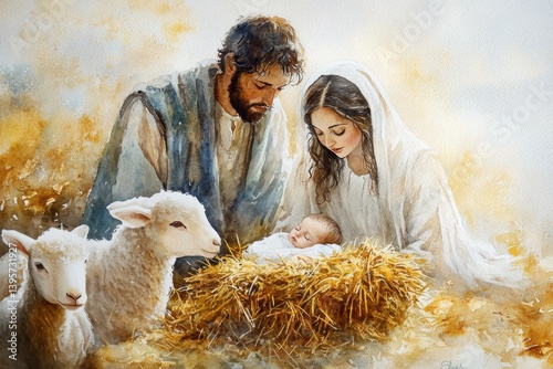Nativity scene watercolor with lambs and holy family