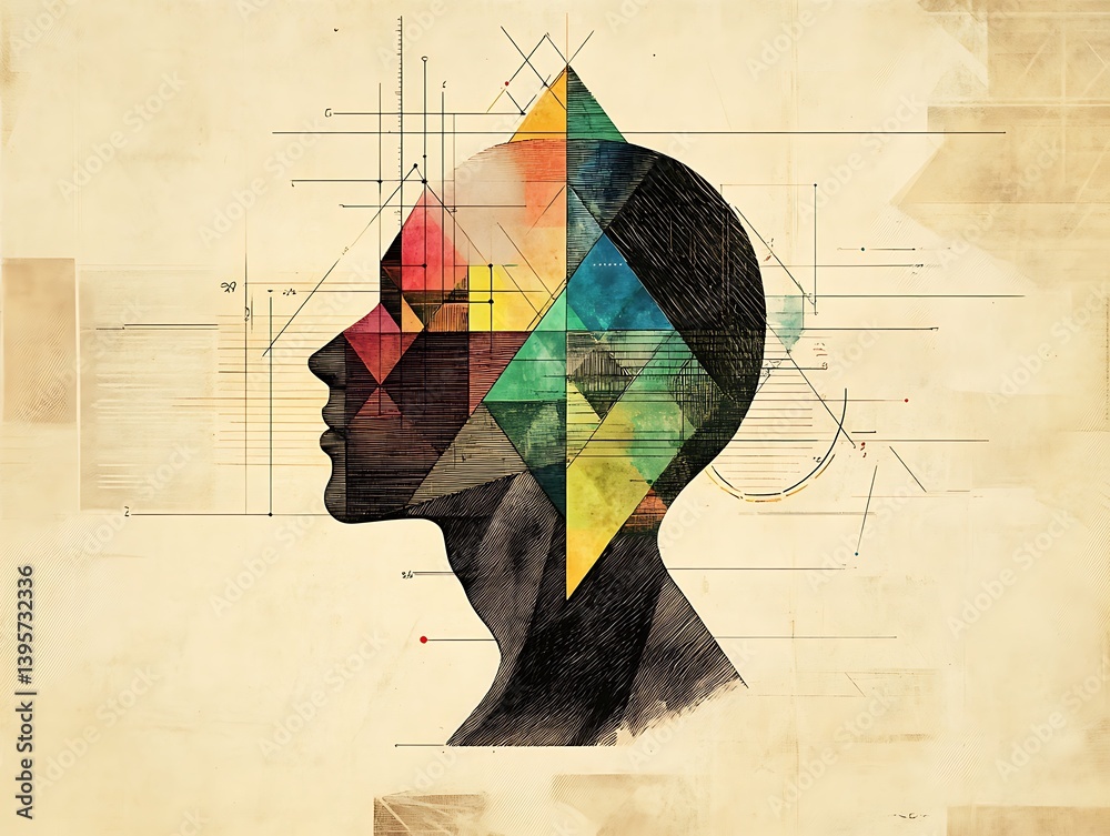 A colorful, geometric representation of the human mind, showcasing complex thought processes.