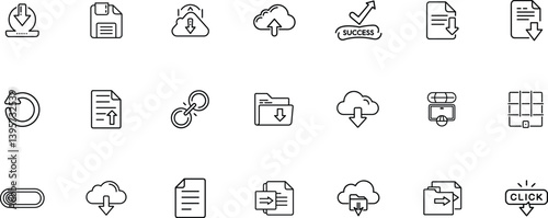 Download and upload outline icon set. File sharing, cloud transfer, link, and data movement symbols.