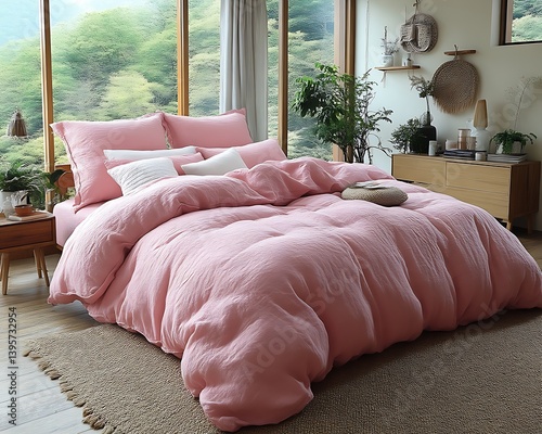 Pink linen duvet cover on bed in bright room.