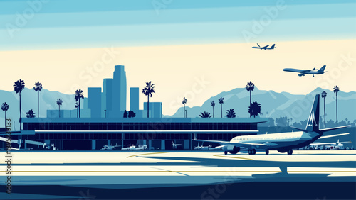 LAX airport with city skyline as a vector style illustration
