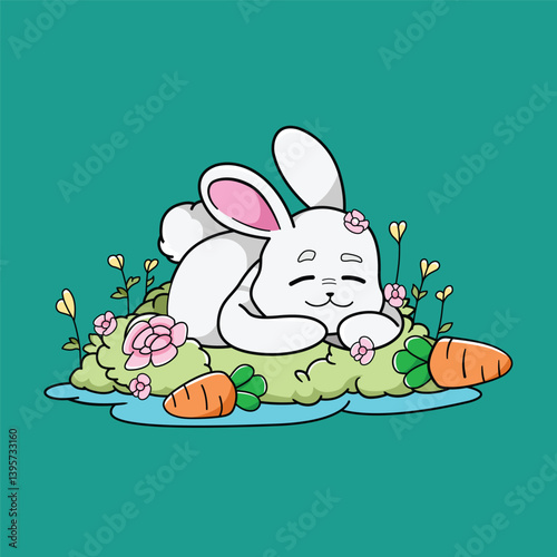 A Relaxed Rabbit Is Sleeping In Garden With Flowers And Carrots