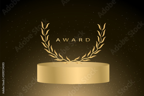 Gold or yellow award podium with light laurel wreath on a black background. Set of various golden and luxurious laurel wreaths. 3D realistic vector illustration. Eps 10