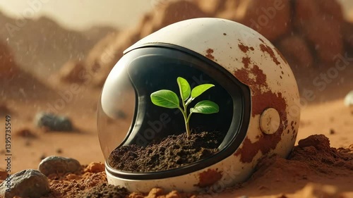 A young plant sprouts inside a dusty astronaut helmet resting in Martian soil, soft wind brushing red sand.
