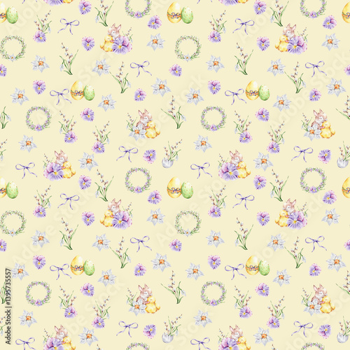 Pattern with a baby rabbit and a duckling hugging, colorful eggs, bouquets of snowdrops, willows and violets, daffodils, wreaths and bows on a yellow background.