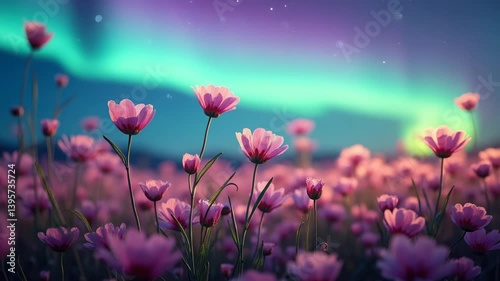 Vibrant flowers swaying under a stunning aurora sky.

