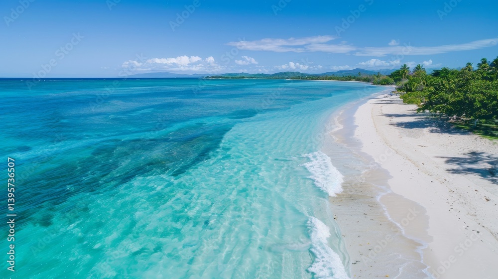 Fototapeta premium Aerial view of ocean waves crashing on sandy beach, showcasing nature's beauty and tranquility