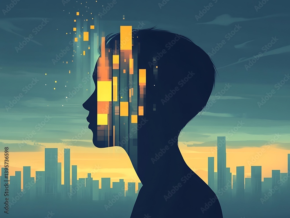 A profile view of a person with a cityscape merging with their mind.