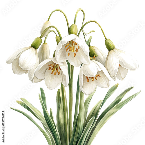 illustration of Galanthus Branch, watercolor vector, isolated on a white background.