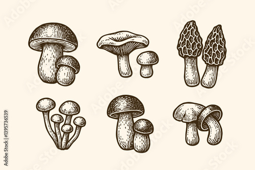 Vintage mushroom illustration in bold black and white engraving style