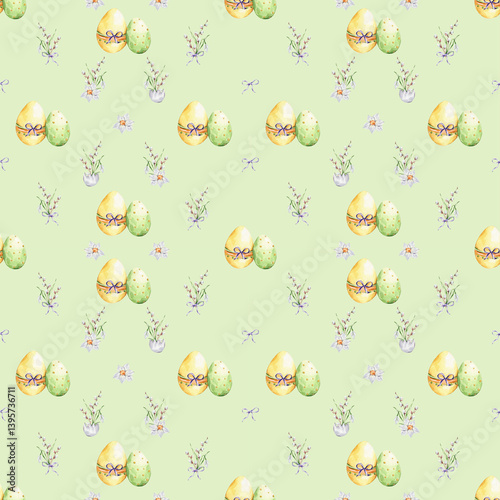 Pattern with a colorful eggs and a bouquets of snowdrop, willows and daffodil on a green background.
