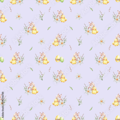 Pattern with a baby rabbit and a duckling hugging, colorful eggs and a bouquet of snowdrop, willows and daffodil on a violet background.