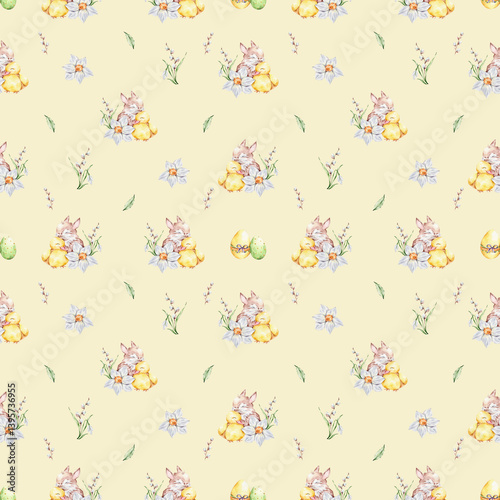 Pattern with a baby rabbit and a duckling hugging, colorful eggs and a bouquet of snowdrop, willows and daffodil on a yellow background.