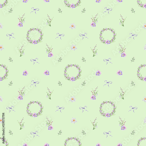 Pattern with a wreath of violets, snowdrops and willow, individual floral elements on a green background.