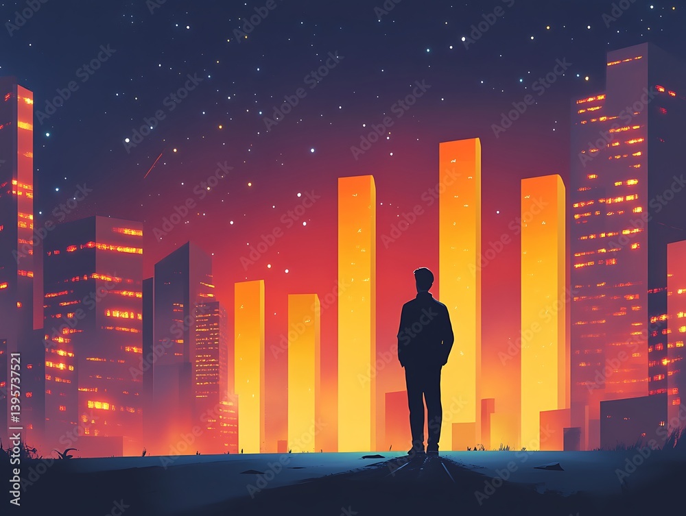 A solitary figure gazes at a futuristic city skyline at dusk.