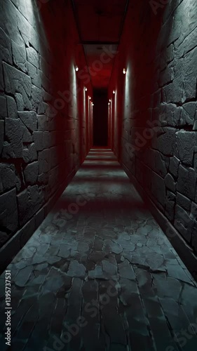 Eerie Red Corridor with Dramatic Lighting and Textured Walls