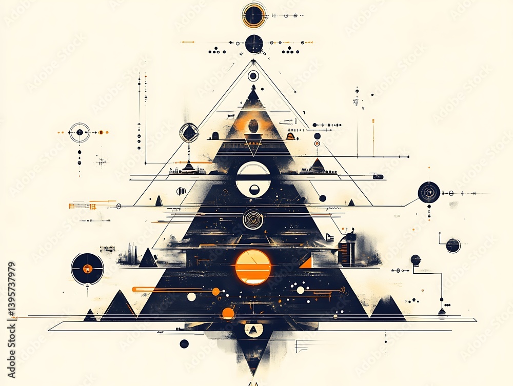 A complex abstract design with geometric shapes and lines.