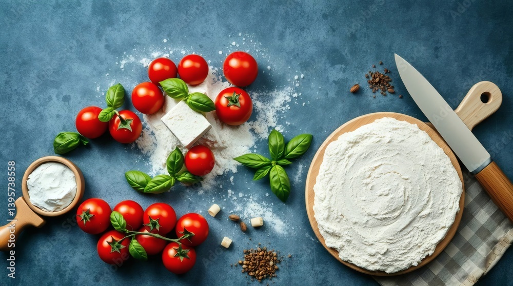 Fresh ingredients arranged on a blue countertop for a culinary creation Generative AI Fresh ingredients arranged on a blue countertop for a culinary creation Generative AI