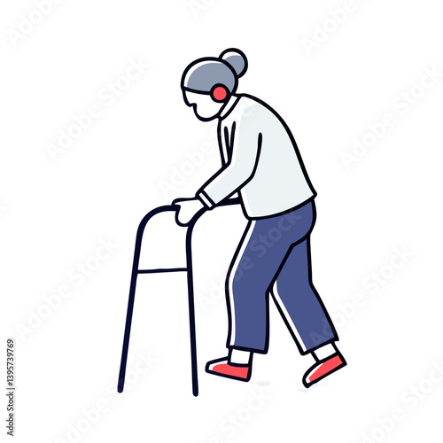 Elderly woman with cane walking