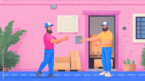 Delivery men exchanging clipboard after successful shipment at warehouse, showcasing professionalism and streamlined logistics