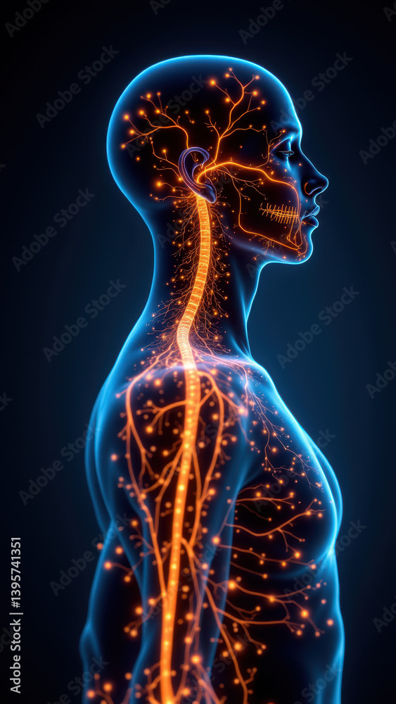 VNS, Vagus Nerve Stimulation Illustration with Anatomical Details and Neurons VNS, Vagus Nerve Stimulation Illustration with Anatomical Details and Neurons
