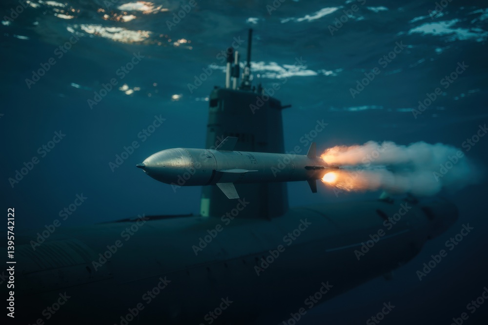 Obraz premium Submarine launching missile underwater, showcasing military technology and capabilities in ocean depths