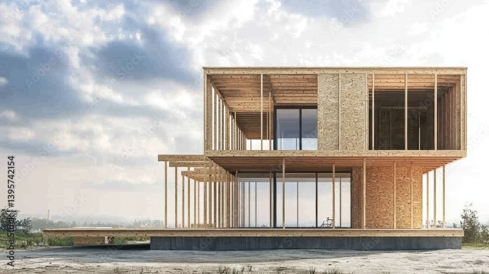 Modern wooden house under construction, rural landscape Modern wooden house under construction, rural landscape