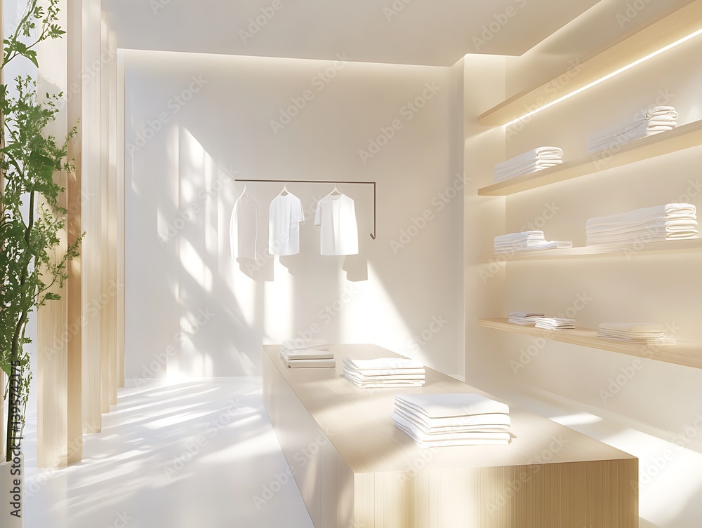 A minimalist clothing store bathed in natural light.
