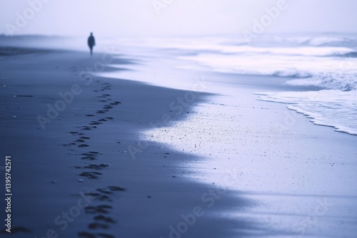 A lone figure walks along a misty beach, leaving a trail of footprints in the wet sand, under the enveloping embrace of early morning fog.