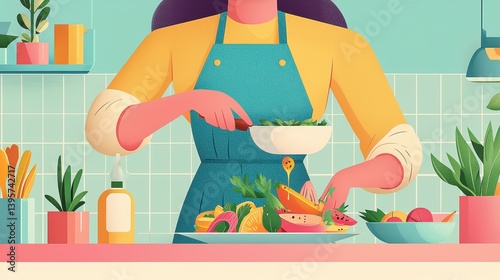 Woman Preparing Vegan Dish with Fresh Vegetables and Green Salad in Bright Modern Kitchen Illustration
