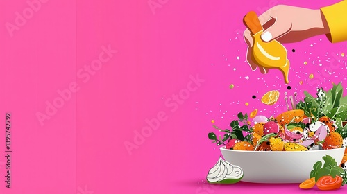 Preparing Fresh Salad: Hand Squeezing Citrus Over Colorful Vegetables in Bowl