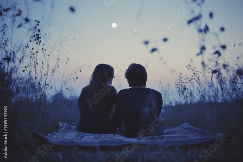 A couple sits on a field under the twilight sky, sharing serene, moonlit whispers.