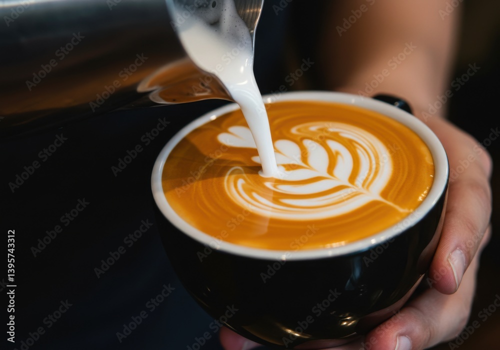 Pouring milk into a coffee cup creating latte art with a swirling design on the brown coffee surface Pouring milk into a coffee cup creating latte art with a swirling design on the brown coffee surface
