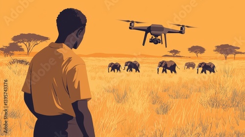 Conservationist monitors African elephants with drone for wildlife preservation efforts in natural environment