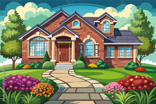 vector of The exterior of this house is with grass and beautiful flowers and paving stones